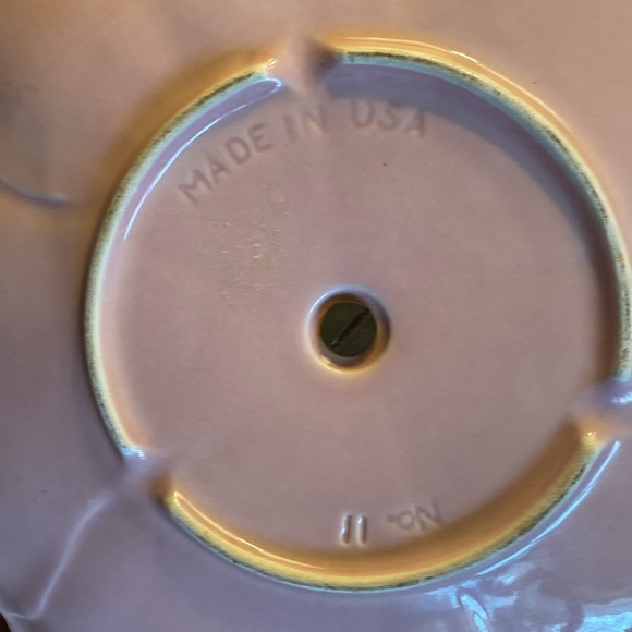 VINTAGE pink floral ceramic serving dish with brass ring handle. Made in USA. - Picture 6 of 11